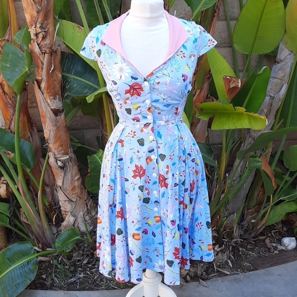 Dapper Day First Frost Collette Pinup Dress extra small blue leaf print - Picture 1 of 11